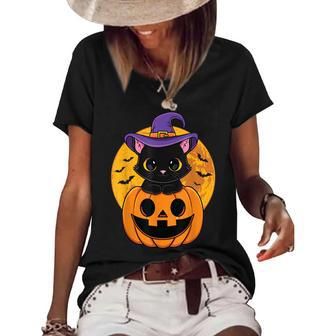Halloween Black Cat Witch Hat Pumpkin For Kids Girls Women's Short Sleeve Loose T-shirt - Seseable