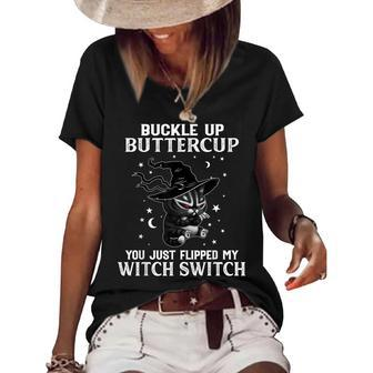 Halloween Cat Witch Buckle Up Buttercup Witch Cat Costume Women's Short Sleeve Loose T-shirt - Seseable