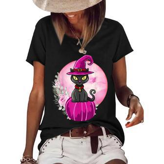 Halloween Cute Black Cat On Pumpkin Full Moon Women Kids Women's Short Sleeve Loose T-shirt - Seseable