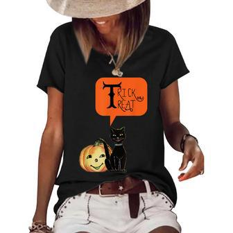 Halloween Trick Or Treat Black Cat And Pumpkin Costume Gift Women's Short Sleeve Loose T-shirt - Seseable
