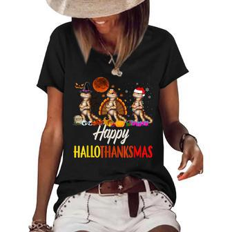 Happy Hallothanksmas Santa Witch Bearded Dragon Halloween Women's Short Sleeve Loose T-shirt - Seseable