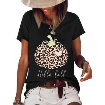 Hello Fall Animal Print Leopard Heart Pumpkin Fall Halloween Women's Short Sleeve Loose T-shirt - Seseable