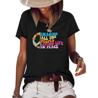 Hippie Imagine All The People Living Life In Peace Women's Short Sleeve Loose T-shirt - Seseable