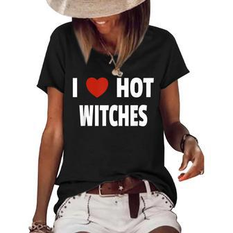 I Love Hot Witches Matching Couples Halloween Costume Women's Short Sleeve Loose T-shirt - Seseable