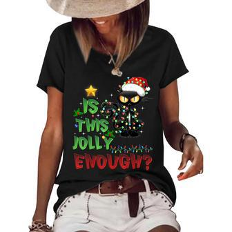 Is This Jolly Enough Black Cat Merry Christmas Cat Halloween Women's Short Sleeve Loose T-shirt - Seseable