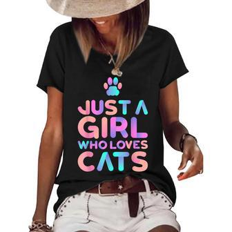 Just A Girl Who Loves Cats Cute Cat Lover Women's Short Sleeve Loose T-shirt - Seseable