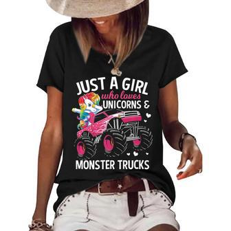 Just A Girl Who Loves Unicorns And Monster Trucks Girls Kids Women's Short Sleeve Loose T-shirt - Thegiftio UK