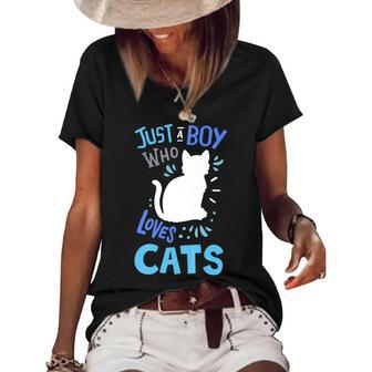 Kids Cat Just A Boy Who Loves Cats Gift For Cat Lovers Women's Short Sleeve Loose T-shirt - Seseable