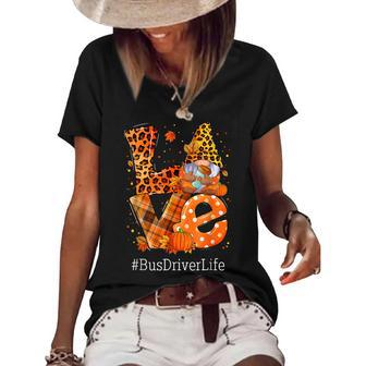 Leopard Love Gnome Fall Pumpkin Bus Driver Life Thanksgiving V2 Women's Short Sleeve Loose T-shirt - Seseable