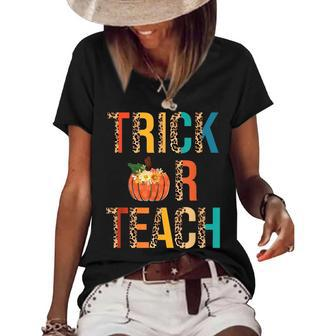 Leopard Trick Or Teach Pumpkin Teacher Halloween Costume Women's Short Sleeve Loose T-shirt - Seseable