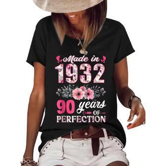 Made In 1932 Floral 90 Years Old 90Th Birthday Gift Women's Short Sleeve Loose T-shirt - Seseable