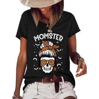 Momster Halloween Costume Skull Mom Messy Hair Bun Monster Women's Short Sleeve Loose T-shirt - Seseable