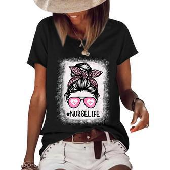 Nurse Life Bleached Pink Leopard Messy Bun Nurse Life Women's Short Sleeve Loose T-shirt - Thegiftio UK