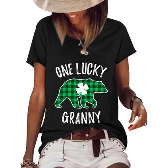 One Lucky Granny St Patricks Day Plaid Bear Clover Gift Graphic Design Printed Casual Daily Basic Women's Short Sleeve Loose T-shirt - Thegiftio UK