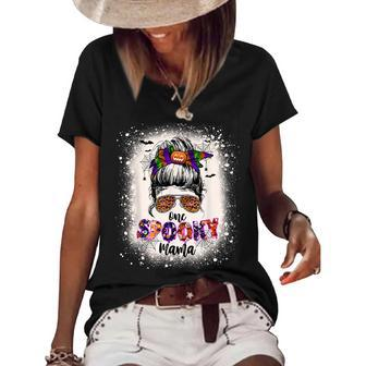 One Spooky Mama Mommy Halloween Mom Life Messy Bun Bleached Women's Short Sleeve Loose T-shirt - Seseable