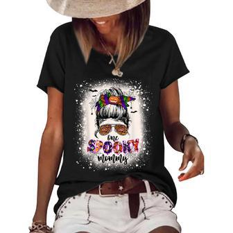 One Spooky Mommy Mama Halloween Mom Life Messy Bun Bleached Women's Short Sleeve Loose T-shirt - Seseable