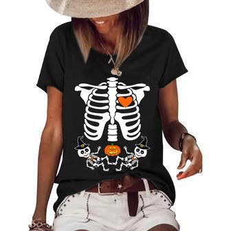 Pregnant Halloween Skeleton Baby Twins Witch Pumpkin Costume Graphic Design Printed Casual Daily Basic Women's Short Sleeve Loose T-shirt - Thegiftio UK