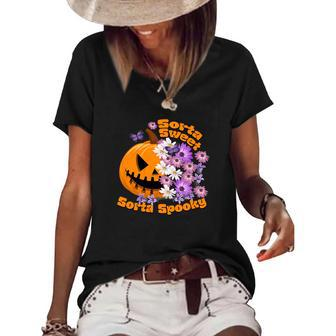 Pumpkin Daisy Sorta Sweet Sorta Spooky Halloween Women's Short Sleeve Loose T-shirt - Seseable