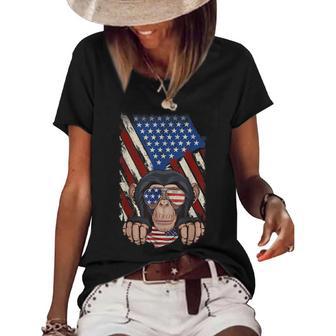Retro American Flag Monkey Dad Mom Monkey Lover 4Th Of July Women's Short Sleeve Loose T-shirt - Thegiftio