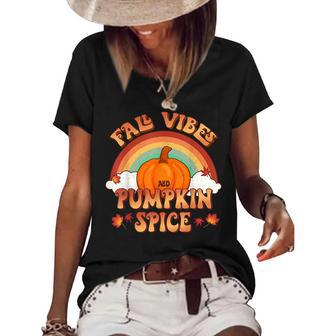 Retro Fall Vibes And Pumpkin Spice Rainbow Fall Autumn Women's Short Sleeve Loose T-shirt - Thegiftio UK