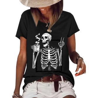 Skeleton Drinking Coffee Peace Halloween Grunge Aesthetic Women's Short Sleeve Loose T-shirt - Thegiftio UK