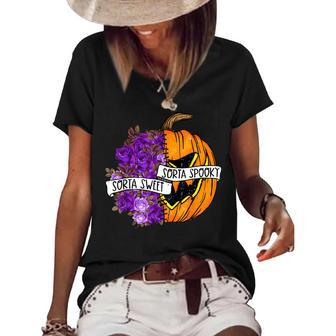 Sorta Sweet Sorta Spooky Flower Pumpkin Spooky Halloween Women's Short Sleeve Loose T-shirt - Seseable