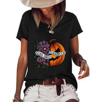 Sorta Sweet Sorta Spooky Pumpkin Flowers Halloween Women's Short Sleeve Loose T-shirt - Seseable