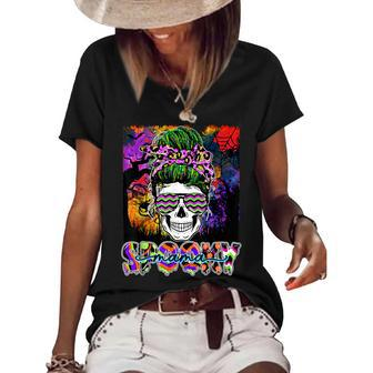 Spooky Mama Halloween Costume Witch Skull Messy Bun Leopard Women's Short Sleeve Loose T-shirt - Seseable
