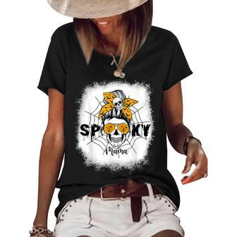 Spooky Mama Halloween Skull Messy Bun Witch Mom V2 Women's Short Sleeve Loose T-shirt - Seseable
