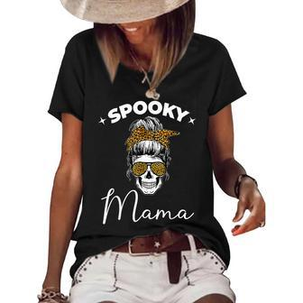 Spooky Mama Skull Messy Bun Glasses Leopard Halloween Women's Short Sleeve Loose T-shirt - Seseable