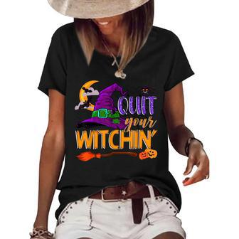 Spooky Quit Your Witchin Halloween Hat Witches Broomstick Women's Short Sleeve Loose T-shirt - Seseable