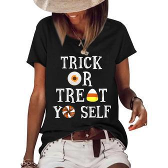 Trick Or Treat Yo Self Funny Halloween Kids Women's Short Sleeve Loose T-shirt - Seseable