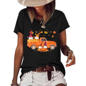 Truck Gnomes Pumpkin Truck Fall Leaf Thanksgiving Halloween Women's Short Sleeve Loose T-shirt - Seseable