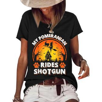 Vintage Retro My Pomeranian Rides Shotgun Halloween Women's Short Sleeve Loose T-shirt - Seseable