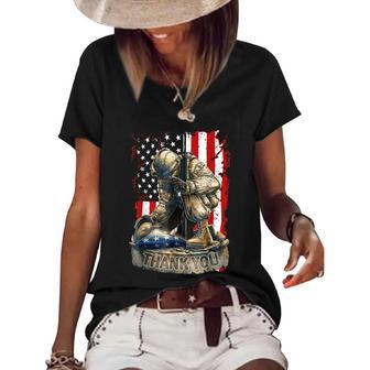 Vintage Us Flag Veteran Thank You Military Boot Memorial Day Funny Gift Women's Short Sleeve Loose T-shirt - Monsterry UK