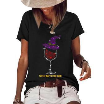Witch Way To The Wine Booze Wine Glass Halloween Party Women's Short Sleeve Loose T-shirt - Seseable