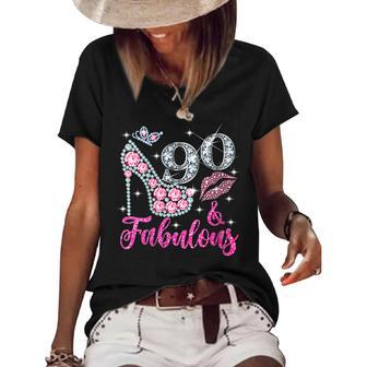 Womens 90 & Fabulous Diamond Crown Shoes Queen 90 Yrs Old Birthday Women's Short Sleeve Loose T-shirt - Seseable