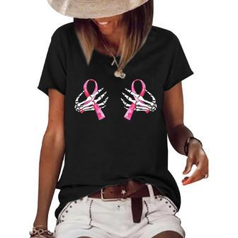 Womens Boob Skeleton Hand On Breast Cancer Ribbon Halloween Womens Women's Short Sleeve Loose T-shirt - Thegiftio UK