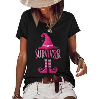 Womens Breast Cancer Survivor Funny Witch Halloween Costume Women's Short Sleeve Loose T-shirt - Seseable