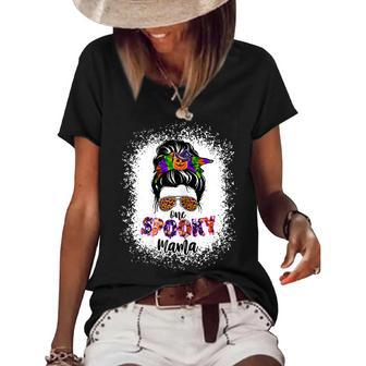 Womens One Spooky Mama Witchy Mama Halloween Messy Bun Mom Bleached Women's Short Sleeve Loose T-shirt - Seseable