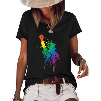 Womens Rainbow Statue Of Liberty With Raised Fist Lgbtq Pride Women's Short Sleeve Loose T-shirt | Mazezy