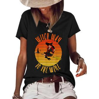 Womens Witch Way To The Wine Funny Wine Halloween Witch Wine Women's Short Sleeve Loose T-shirt - Seseable
