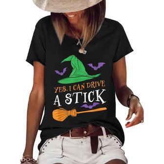 Yes I Can Drive A Stick Funny Witch Halloween Women's Short Sleeve Loose T-shirt - Seseable