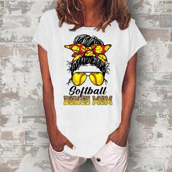 Bleached Softball Bonus Mom Messy Bun Game Day Mothers Day Women's Loosen Crew Neck Short Sleeve T-Shirt - Thegiftio