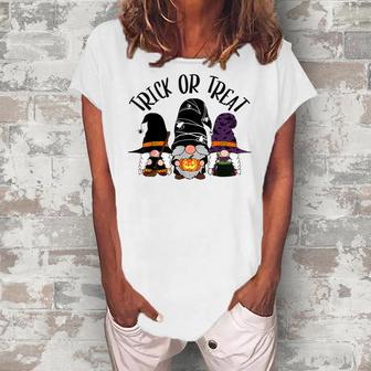 Cute Witch Gnomes Halloween Garden Gnome Trick Or Treat Women's Loosen Crew Neck Short Sleeve T-Shirt - Thegiftio UK