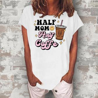 Funny Half Mom Half Coffee Retro Caffeine Lover Preppy Mama Women's Loosen Crew Neck Short Sleeve T-Shirt - Thegiftio UK
