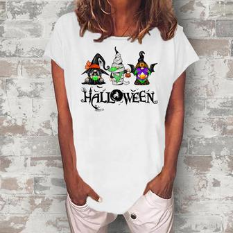 Gnome Witch Halloween Gnome Mummy Vampire Pumpkin Bleached Women's Loosen Crew Neck Short Sleeve T-Shirt - Thegiftio UK