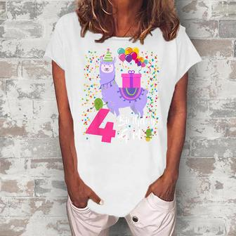 Kids 4 Year Old Gifts 4Th Birthday Girl Ns Funny Llama Women's Loosen Crew Neck Short Sleeve T-Shirt - Thegiftio UK