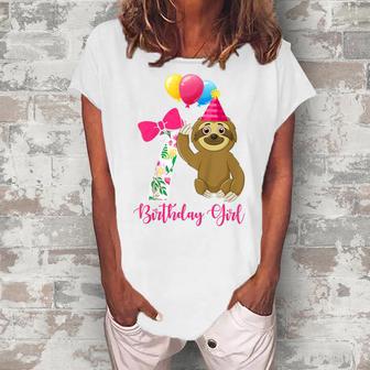 Kids 7 Year Old Cool Cute Sloth Balloons 7Th Birthday Girls Party Women's Loosen Crew Neck Short Sleeve T-Shirt - Thegiftio