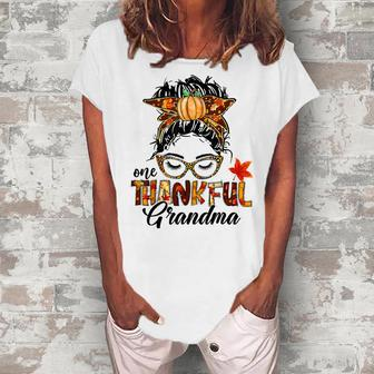 One Thankful Grandma Messy Bun Fall Autumn Thanksgiving Women's Loosen Crew Neck Short Sleeve T-Shirt - Thegiftio UK